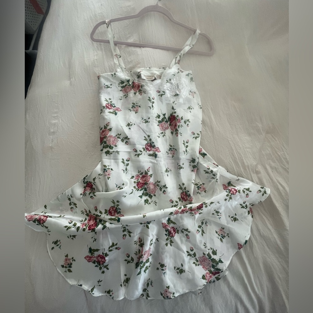 Victoria’s Secret beaded white and pink floral babydoll slip dress
